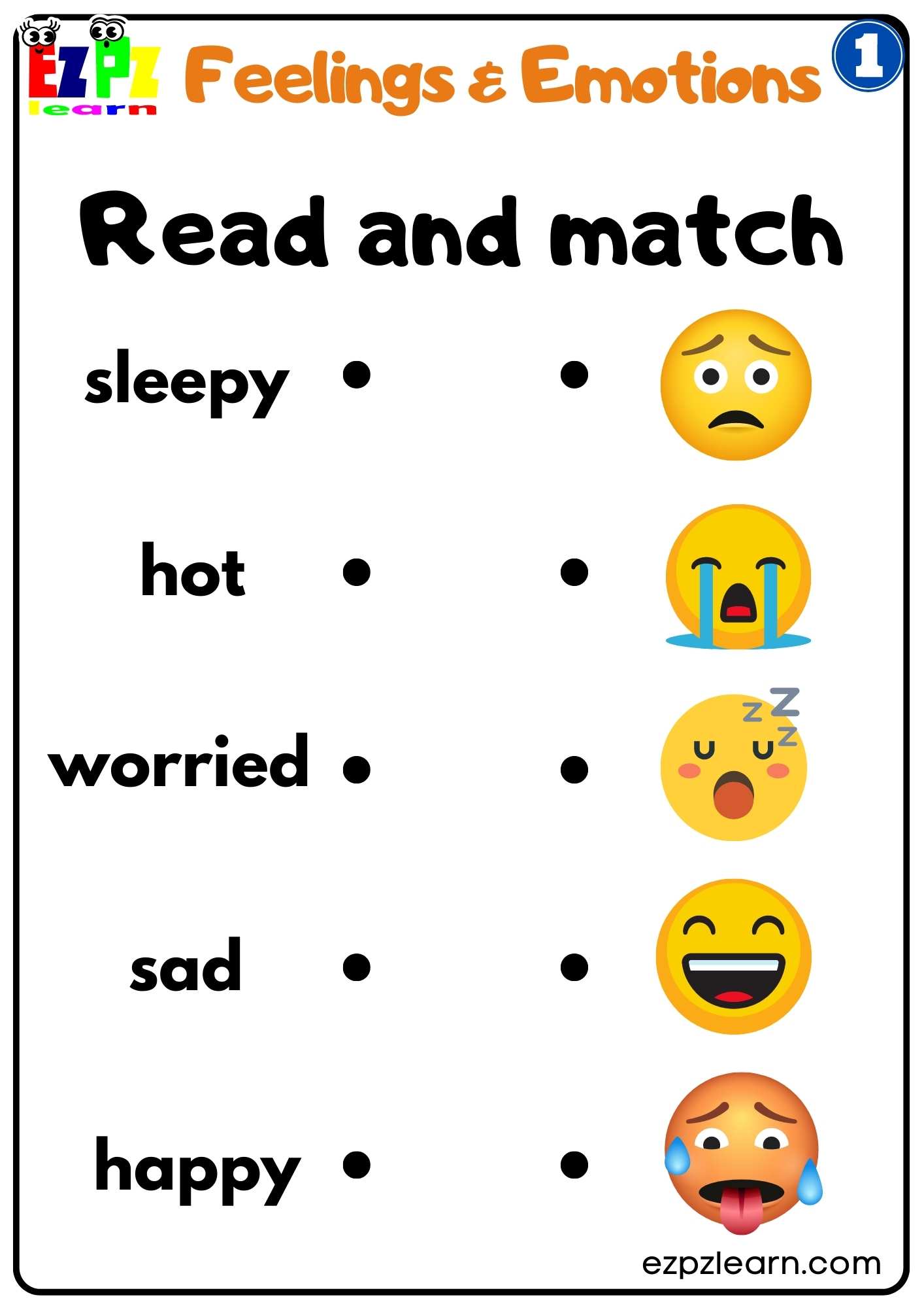 Feelings and Emotions Read and Match Worksheet for Children and ESL Students Free PDF Download